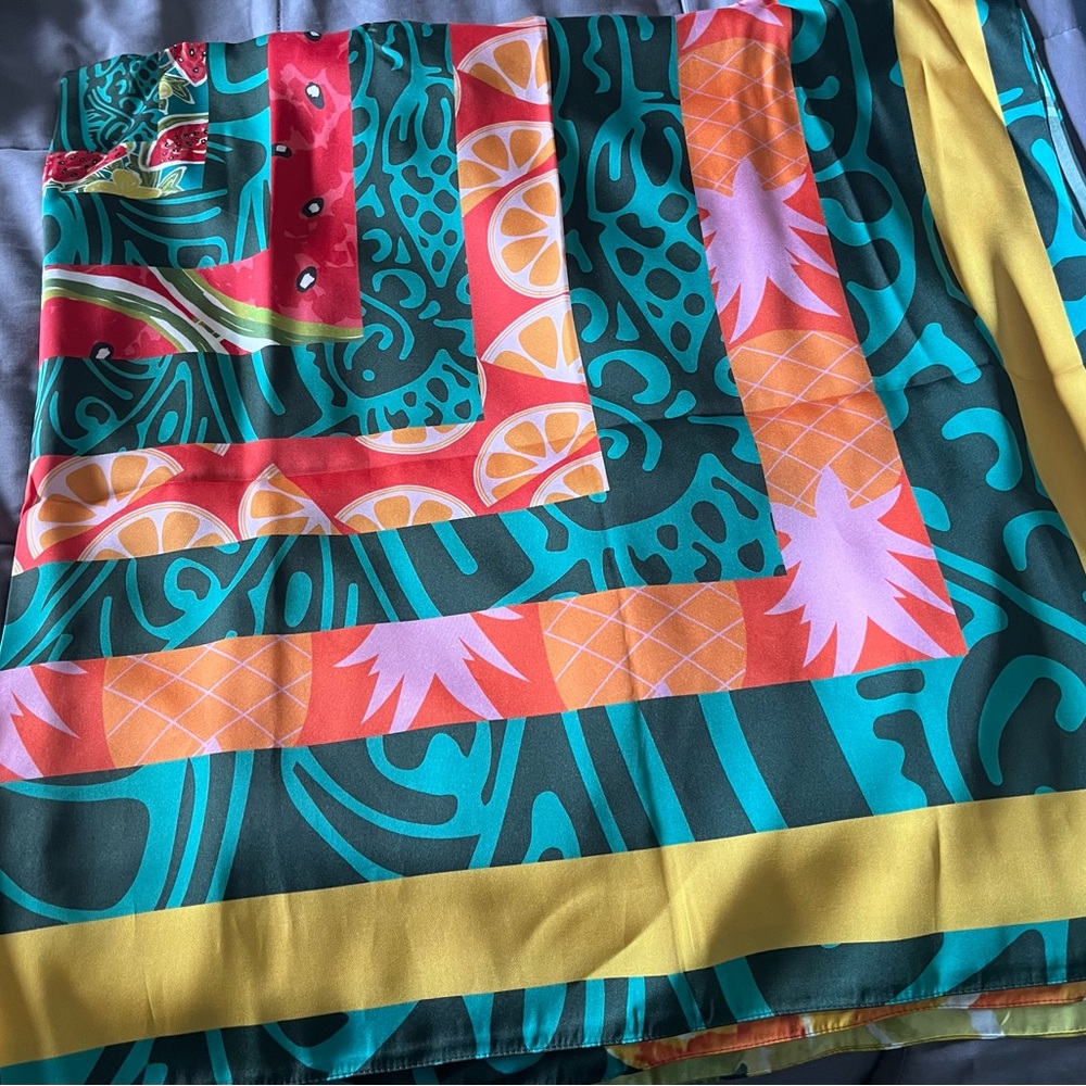Sassy Jones Vibrant Multicolor Patterned Scarf with Fruit Designs